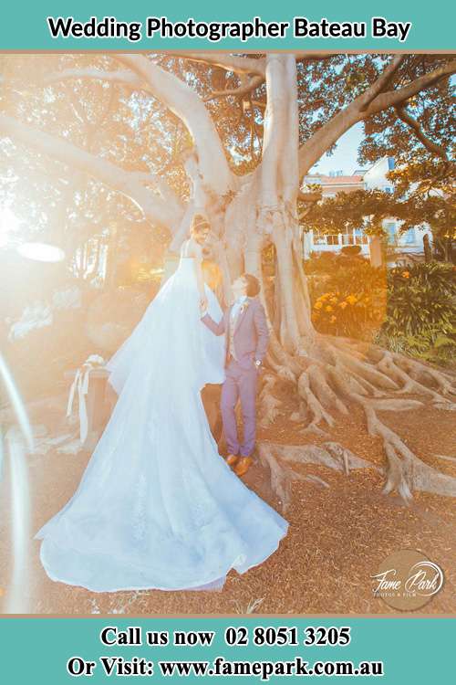 The Groom and the Bride hold their hands while looking at each other under the tree Bateau Bay