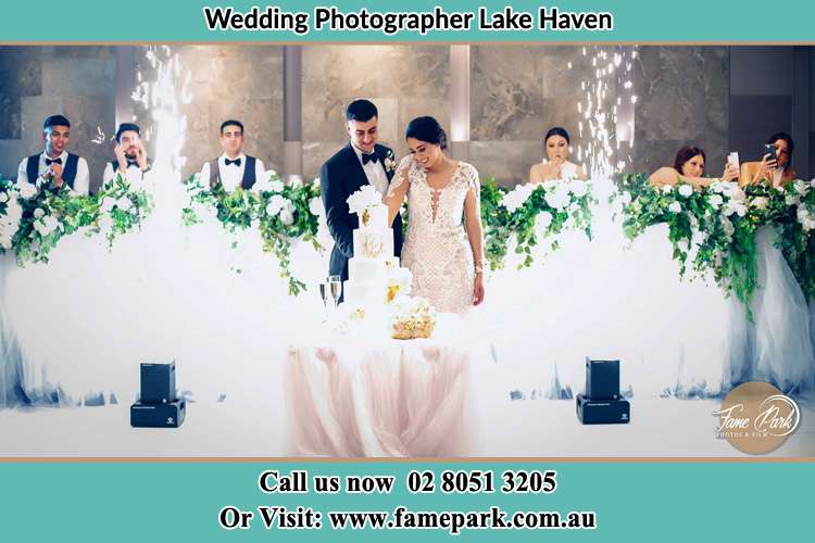 Photo of the Groom and the Bride slicing the cake Lake Haven NSW 2263