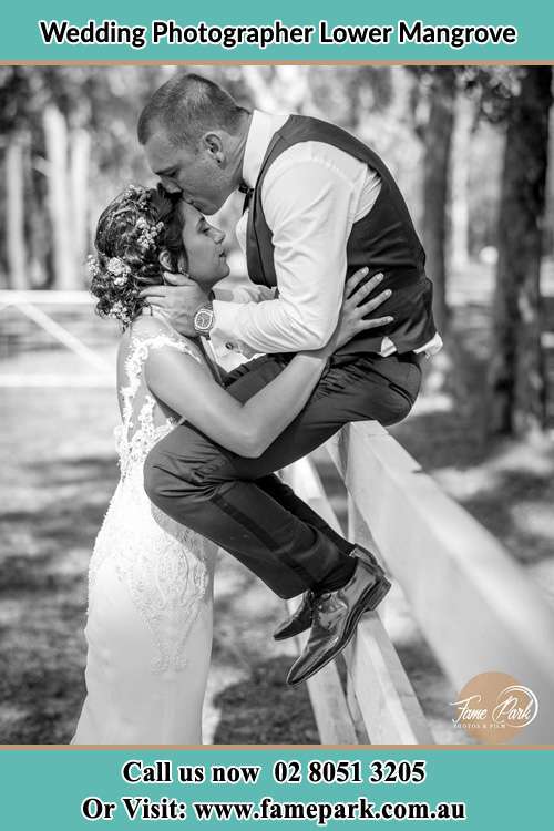 Photo of the Groom sitting on the fence while kissing the Bride at the forehead Lower Mangrove NSW 2250