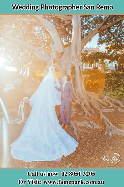 Photo of the Bride and the Groom looking each other besides the tree San Remo NSW 2262