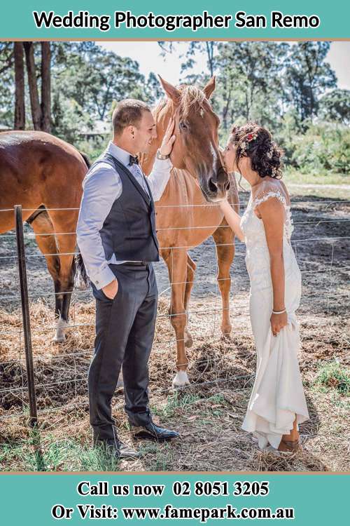 Photo of the Groom and the Bride caressing a horse San Remo NSW 2262